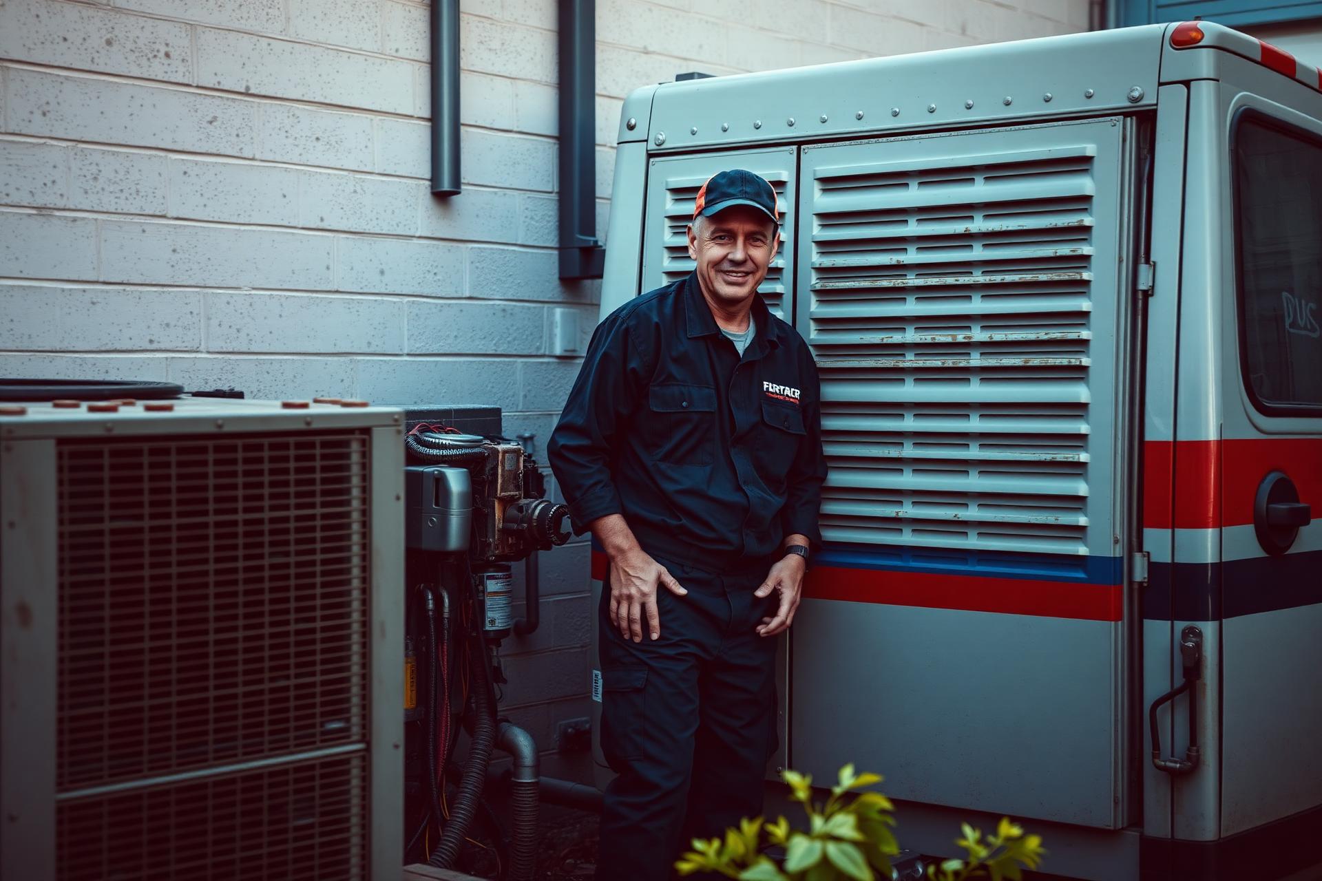 HVAC technician next to a service van and condenser unit